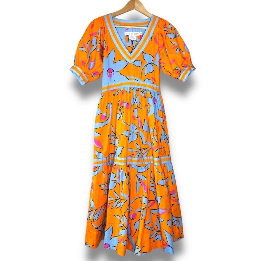 Gretchen Scott Orange Blue Pink‎ Viviers Full Bloom Floral Print Midi Dress XXS - Picture 2 of 12